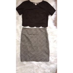 Plaid pencil skirt and scalloped top
